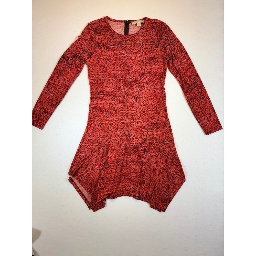 Michael Kors Red Black Abstract Print Long Sleeve Asymmetrical Hem Dress Size S